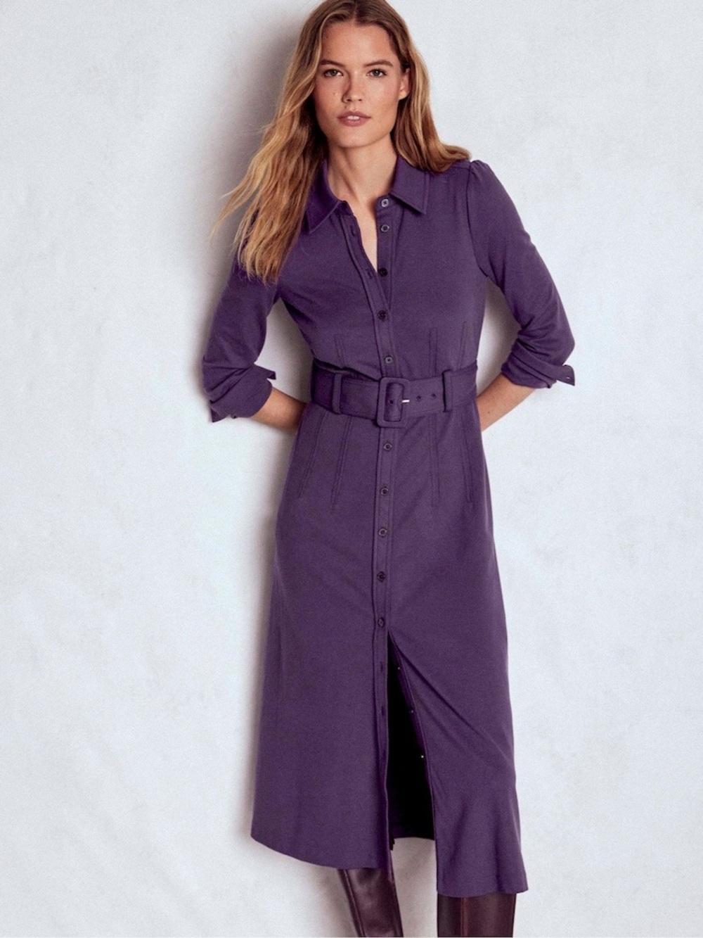 NEW Boden Anita Belted Ponte Long Sleeve Midi Shirt Dress in Purple Size 10R